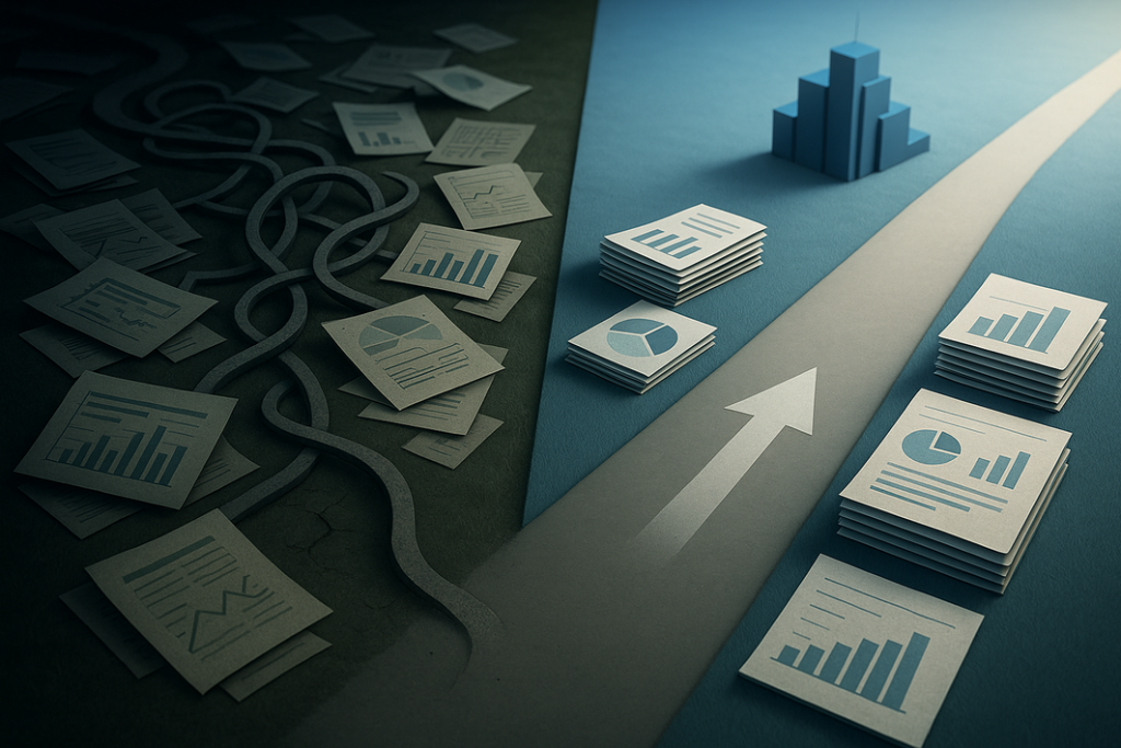 A visual metaphor illustrating the choice between a complex, uncertain path of selling a business independently and a clear, guided path with professional assistance, shown as contrasting landscapes.