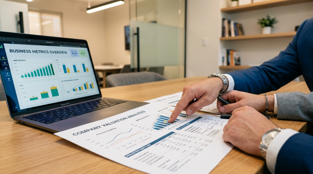 Adviseur legt bedrijfswaardering methodes uit met grafieken en berekeningen