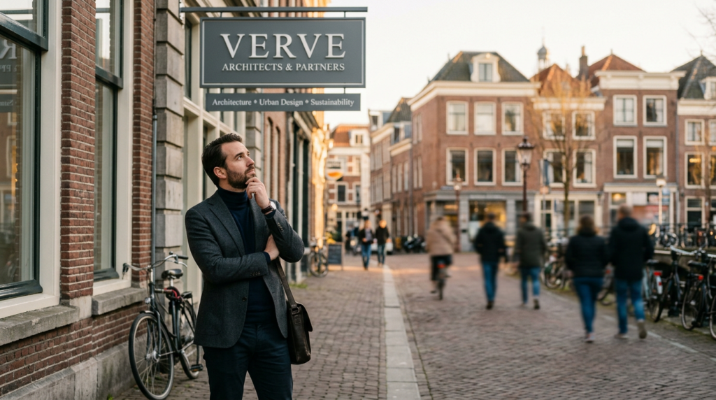 Ondernemer kijkt naar bedrijfsgevel met zijn eigen naam en overweegt de gevolgen voor verkoop