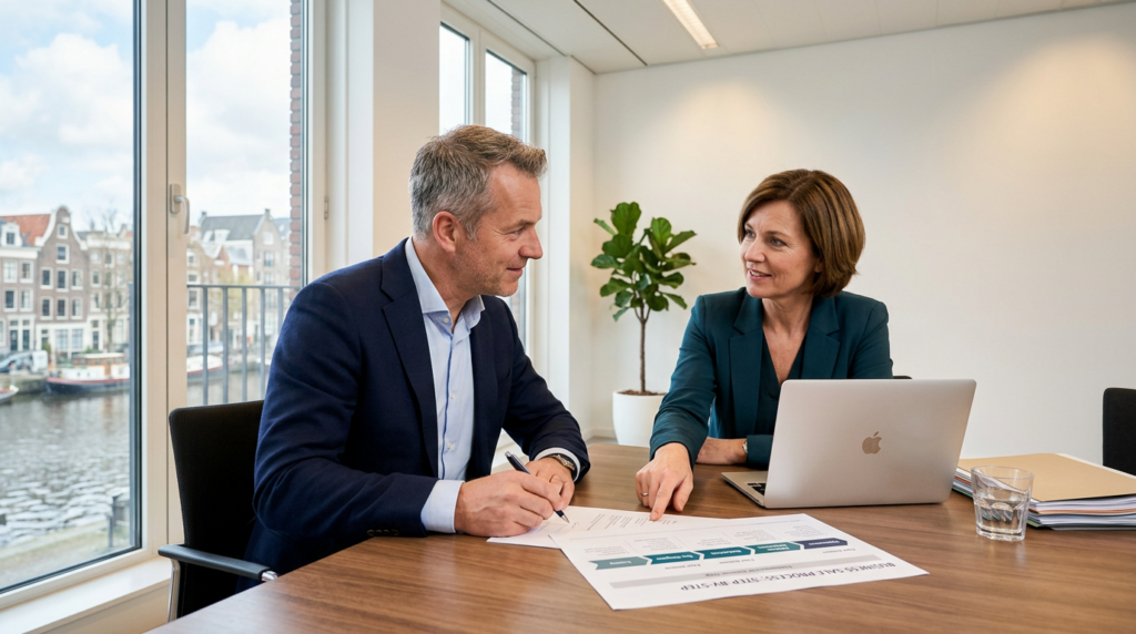 Adviseur legt het verkoopproces uit aan een ondernemer die zijn bedrijf wil verkopen