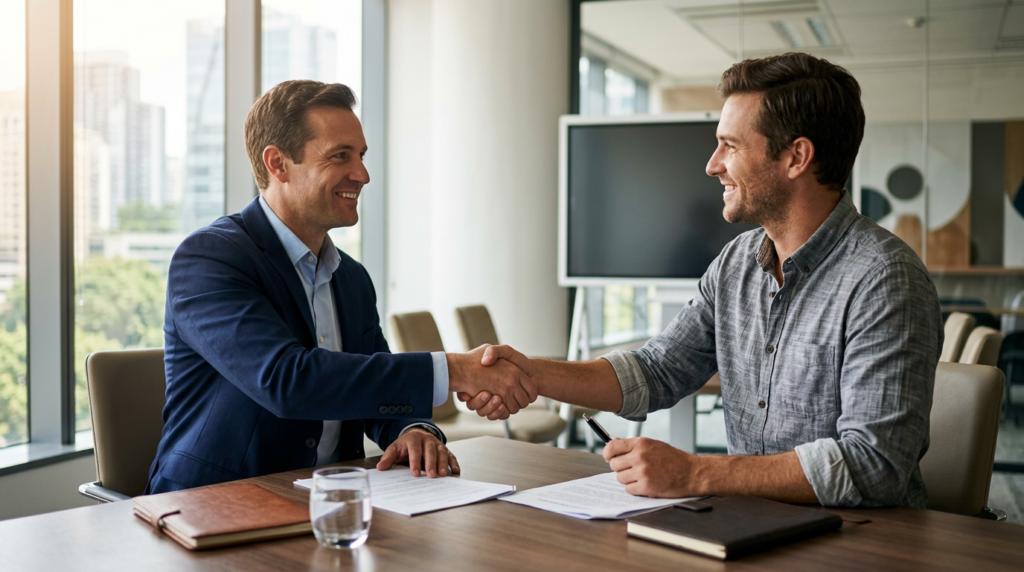 Handdruk tussen ondernemer en adviseur na afronding van no cure no pay bedrijfsverkoop