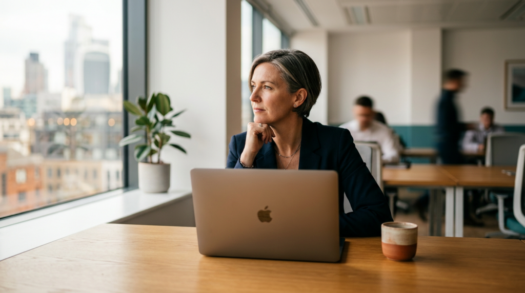 Ondernemer achter laptop analyseert normalisatieposten die de waarde van haar bedrijf beinvloeden