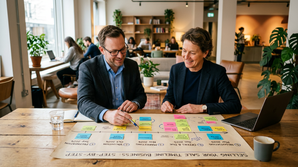 Ondernemer en adviseur werken samen aan het stappenplan voor bedrijfsverkoop